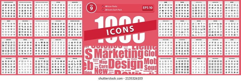 Pack of 1000 Icons heart, setting, spring, banking finance and market economics, business management Vector Business Icon Illustration Illustration