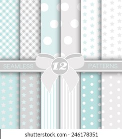 Pack of 12 Modern Seamless patter - BABY BOY - Gingham, Jumbo Polka Dot, Polka dot, Stars and Stripe Patterns in Silver, White and lovely Blue. 