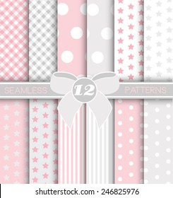 Pack of 12 Modern Seamless patter - BABY GIRL - Gingham, Jumbo Polka Dot, Polka dot, Stars and Stripe Patterns in Silver, White and lovely Blue. 