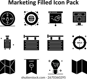 Um pacote de 12 ícones do estilo Solid Ffilled, com temas relacionados ao Marketing. Adequado para sites, aplicativos e projetos digitais.