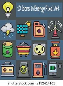 Pack of 13 Power and Energy Icons in Pixelarte, Energy Pixel art. Editable Vector