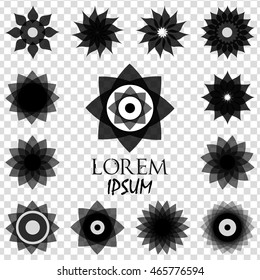 Pack of 13 transparent black abstract geometric flowers logo template isolated. Business abstract icon. Use for logo, sign, symbol, web, label, icon. Vector illustration
