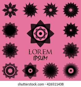 Pack of 13 transparent grey abstract geometric flowers logo template on pink background. Business abstract icon. Use for logo, sign, symbol, web, label, icon. Vector illustration