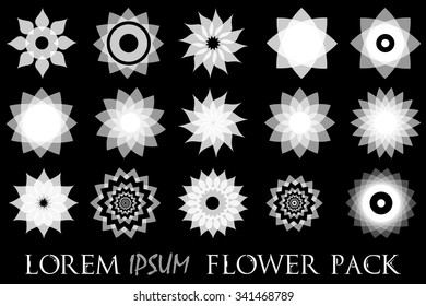 Pack of 15 transparent white abstract geometric flowers logo template. Business abstract icon. Use for logo, sign, symbol, web, label, icon. Vector illustration