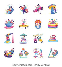 Pack of 16 Amusement Rides Flat Illustrations 

