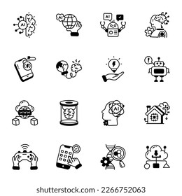 Pack of 16 Artificial Intelligence Doodle Icons

