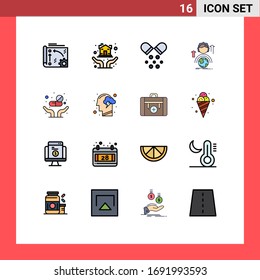 Pack of 16 creative Flat Color Filled Lines of online; female; protection hands; development; pills Editable Creative Vector Design Elements