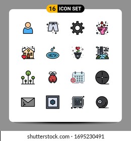 Pack of 16 creative Flat Color Filled Lines of water; real; gear; favorite; romance Editable Creative Vector Design Elements