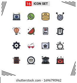 Pack of 16 creative Flat Color Filled Lines of hot; air; watts app; balloon; meal Editable Creative Vector Design Elements