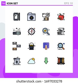 Pack of 16 creative Flat Color Filled Lines of device; health; target; diet; up Editable Creative Vector Design Elements