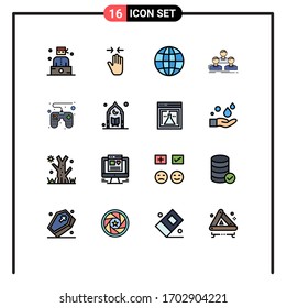 Pack of 16 creative Flat Color Filled Lines of control pad; people; zoom in; group; company Editable Creative Vector Design Elements
