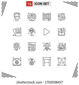 Pack of 16 creative Outlines of gallery; marriage card; alarm; love; card Editable Vector Design Elements