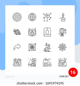 Pack of 16 creative Outlines of torch; light; security; lab; party Editable Vector Design Elements