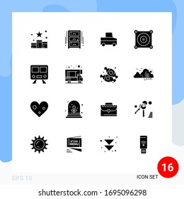 Pack of 16 creative Solid Glyphs of railway; fan; office draw; engine; truck Editable Vector Design Elements