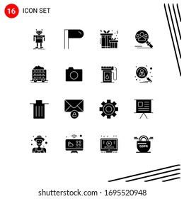 Pack of 16 creative Solid Glyphs of wheel; barrow; present; cart; search Editable Vector Design Elements