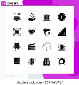 Pack of 16 creative Solid Glyphs of web; dollar; rock; coin; sweet home Editable Vector Design Elements