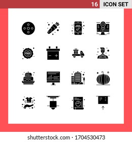 Pack of 16 creative Solid Glyphs of sticker; ecommerce; online cab booking; pin; location Editable Vector Design Elements