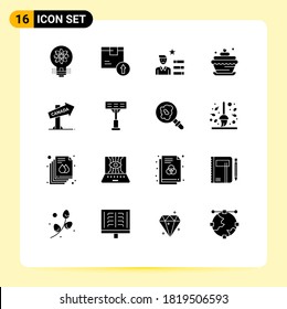 Pack of 16 creative Solid Glyphs of cupcake food; birthday; logistic; bakery; magnifier Editable Vector Design Elements