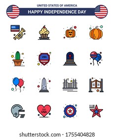 Pack of 16 creative USA Independence Day related Flat Filled Lines of shield; pot; thanksgiving; plant; cactus Editable USA Day Vector Design Elements