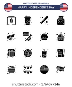 Pack von 16 kreativen USA Independence Day verwandte Solid Glyphen von E-Mails; Gruß; Ball; Umschlag; usa Bearbeitbar USA Day Vector Design Elements