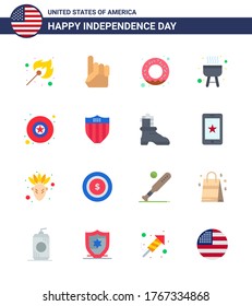 Pack of 16 creative USA Independence Day related Flats of american; military; donut; badge; bbq Editable USA Day Vector Design Elements