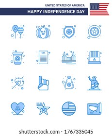 Pack of 16 creative USA Independence Day related Blues of drink; sign; shield; star; men Editable USA Day Vector Design Elements