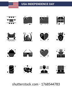 Pack of 16 creative USA Independence Day related Solid Glyphs of gate; arch; saloon; cityscape; building Editable USA Day Vector Design Elements