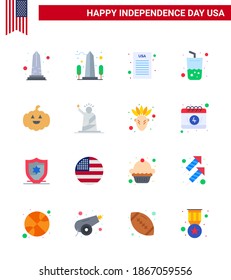 Pack of 16 creative USA Independence Day related Flats of of; landmarks; glass; usa; pumkin Editable USA Day Vector Design Elements