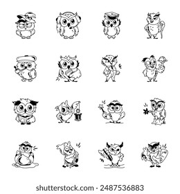Pack of 16 Cute Owl Doodle Icons 

