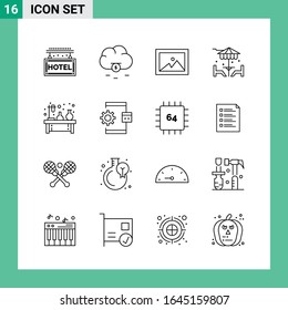 Paquete de 16 iconos de estilo de línea. Símbolos de esquema para impresión. Carteles creativos aislados en fondo blanco. 16 Conjunto de iconos.