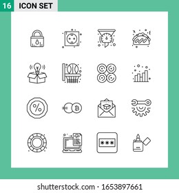 Paquete de 16 iconos de estilo de línea. Símbolos de esquema para impresión. Carteles creativos aislados en fondo blanco.16 Conjunto de iconos.