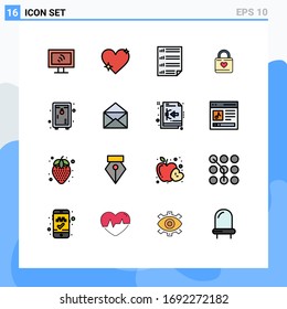 Pack of 16 Modern Flat Color Filled Lines Signs and Symbols for Web Print Media such as heart lock; heart; bars; locker; page Editable Creative Vector Design Elements
