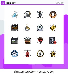 Pack of 16 Modern Flat Color Filled Lines Signs and Symbols for Web Print Media such as report; website; rocket; web page; doughnut Editable Creative Vector Design Elements