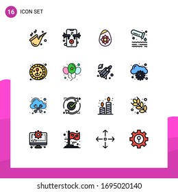 Pack of 16 Modern Flat Color Filled Lines Signs and Symbols for Web Print Media such as game; coin; easter; tube; pollution Editable Creative Vector Design Elements
