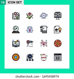 Pack of 16 Modern Flat Color Filled Lines Signs and Symbols for Web Print Media such as crystal; computer; clock; server; data sharing Editable Creative Vector Design Elements