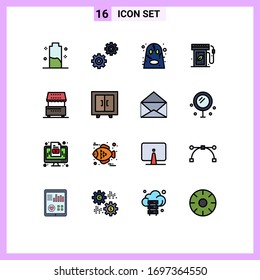 Pack of 16 Modern Flat Color Filled Lines Signs and Symbols for Web Print Media such as drinks; gas station; angry; energy; earth day Editable Creative Vector Design Elements