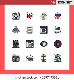 Paquete de 16 símbolos y símbolos modernos de líneas planas rellenas en color para medios de impresión en la Web, como la cocina; abajo; vidrio; multimedia; elementos de diseño de vectores creativos editables por flecha