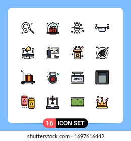 Pack of 16 Modern Flat Color Filled Lines Signs and Symbols for Web Print Media such as vehicles; outline; food; drone; medical Editable Creative Vector Design Elements