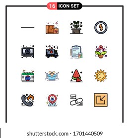 Packung mit 16 modernen, mit Flachfarbstoffen gefüllten Farbsignen und Symbolen für Web-Printmedien, wie z. B. Lieferung; Nachricht; Pflanze; Chat; Design-Elemente für kreative Vektorillustrationen mit Strom