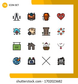 Paquete de 16 símbolos y símbolos de líneas planas llenas de color moderno para medios de impresión web, como cuentas; favorito; ataúd; amor; elementos de diseño de vectores editables de emoji