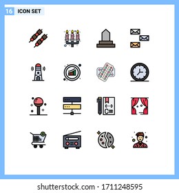 Pack of 16 Modern Flat Color Filled Lines Signs and Symbols for Web Print Media such as building; envelope; historical building; email; contact Editable Creative Vector Design Elements