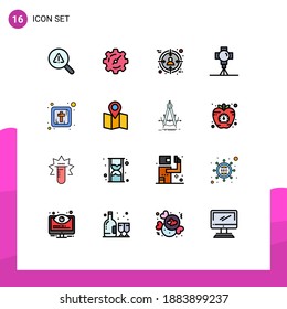 Pack of 16 Modern Flat Color Filled Lines Signs and Symbols for Web Print Media such as cross; movies; business; movie; film Editable Creative Vector Design Elements