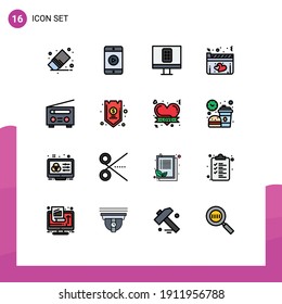 Pack of 16 Modern Flat Color Filled Lines Signs and Symbols for Web Print Media such as interface; movie; play; love; film Editable Creative Vector Design Elements