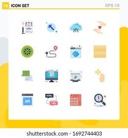Pack of 16 Modern Flat Colors Signs and Symbols for Web Print Media such as eat; love; cloud; hands; network Editable Pack of Creative Vector Design Elements