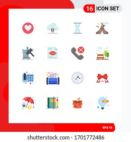 Pack of 16 Modern Flat Colors Signs and Symbols for Web Print Media such as judgement; gavel; glass; auction; camp Editable Pack of Creative Vector Design Elements