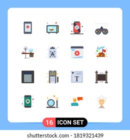 Paquete de 16 símbolos y símbolos modernos de color plano para medios de impresión web, como por ejemplo, el lugar; escritorio; alimentos; comodidad; paquete editable de juegos de elementos de diseño de vectores creativos