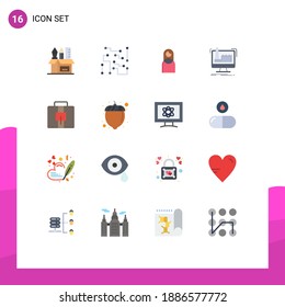 Pack of 16 Modern Flat Colors Signs and Symbols for Web Print Media such as production; factory; physical science; digital; girl Editable Pack of Creative Vector Design Elements