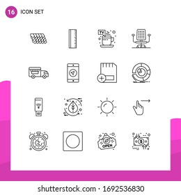 Pack of 16 Modern Outlines Signs and Symbols for Web Print Media such as application; shop on wheels; hot; ice cream; office Editable Vector Design Elements