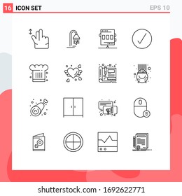 Pack of 16 Modern Outlines Signs and Symbols for Web Print Media such as chef; ok; athletics; complete; check Editable Vector Design Elements