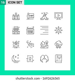 Pack of 16 Modern Outlines Signs and Symbols for Web Print Media such as shop; play; tent free; video; monitor Editable Vector Design Elements